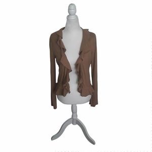Ralph Lauren Medium Tan Full Zip Ruffled V-Neck Open Front Long-Sleeve Cardigan